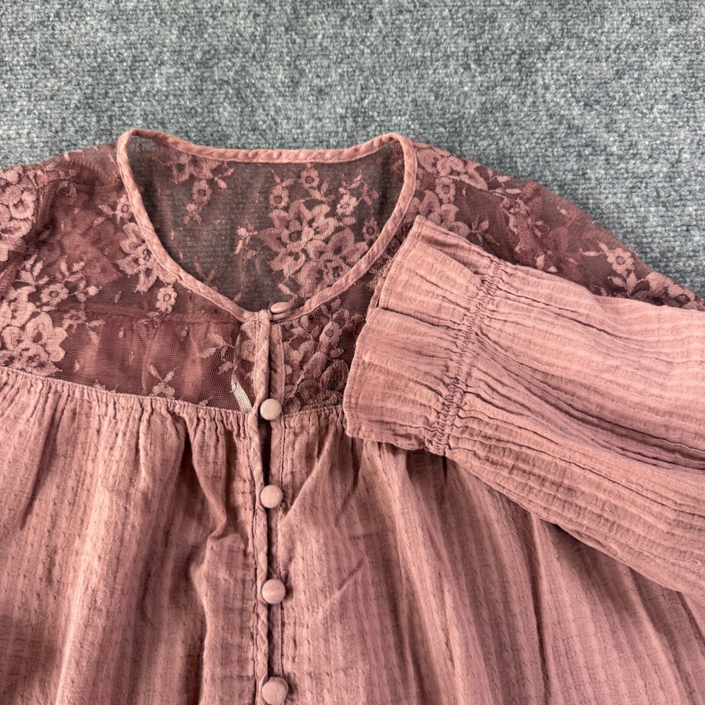 Free People Floral Lace Yoke Gauze Blouse Button Front Womens Small Mauve Boho